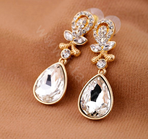 Luxury Crystal White Gemstone Raindrop Stud Earrings Gold Plated Women Fashion Jewelry
