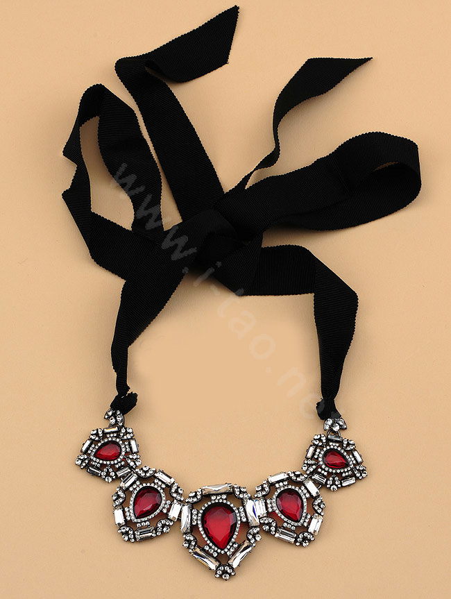 Luxury Elegant Women Choker Crystal Gem Bib Necklace Jewelry - Red