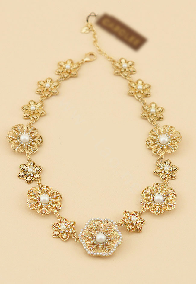 Luxury Elegant Women Choker Crystal Pearl Flower Bib Necklace Jewelry - Gold