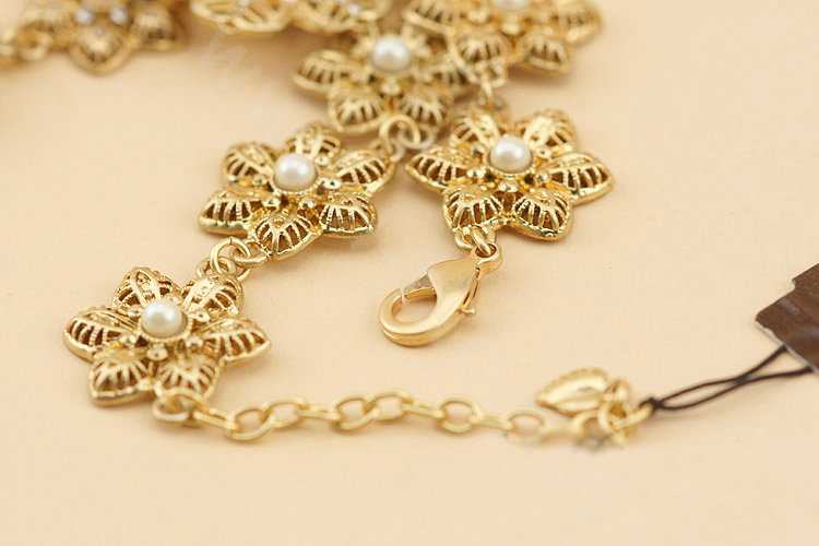 Luxury Elegant Women Choker Crystal Pearl Flower Bib Necklace Jewelry - Gold