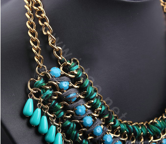 Luxury Exaggeration Retro Weave Women Choker Gem Tassel Bib Necklace Jewelry - Blue
