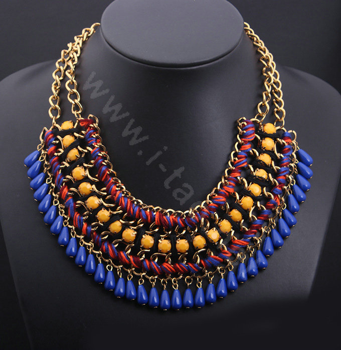 Luxury Exaggeration Retro Weave Women Choker Gem Tassel Bib Necklace Jewelry - Navy