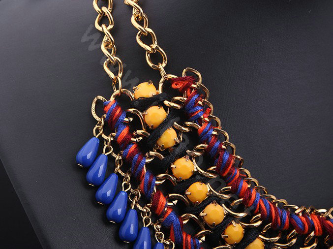 Luxury Exaggeration Retro Weave Women Choker Gem Tassel Bib Necklace Jewelry - Navy