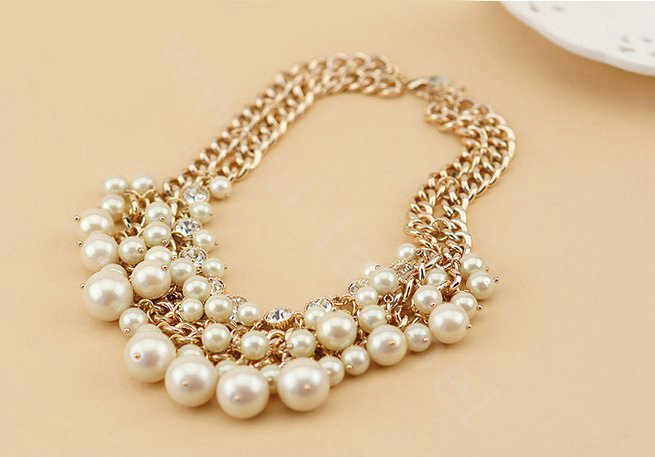 Luxury Exaggeration Women Choker Multilayer Crystal Pearl Bib Necklace Jewelry - Beige
