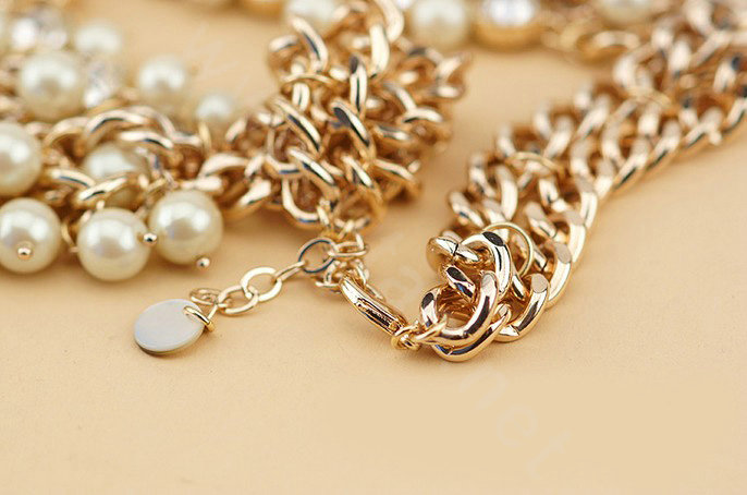 Luxury Exaggeration Women Choker Multilayer Crystal Pearl Bib Necklace Jewelry - Beige