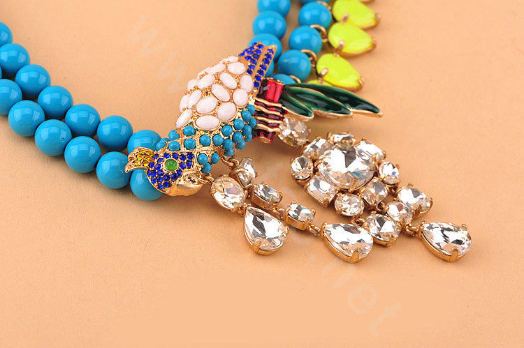 Luxury Exaggeration Women Choker Natural Gem Crystal Parrot Bib Necklace Jewelry - Blue