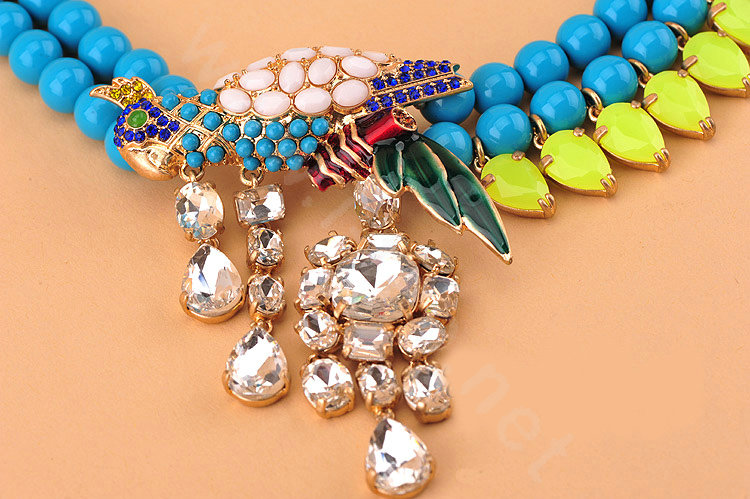 Luxury Exaggeration Women Choker Natural Gem Crystal Parrot Bib Necklace Jewelry - Blue