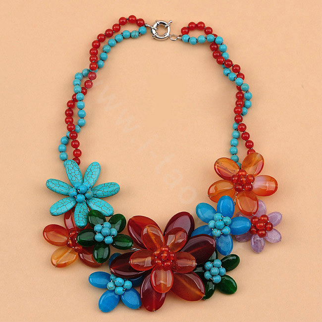 Luxury Exaggeration Women Choker Natural Stone Gem Flower Bib Necklace Jewelry - Red+Blue