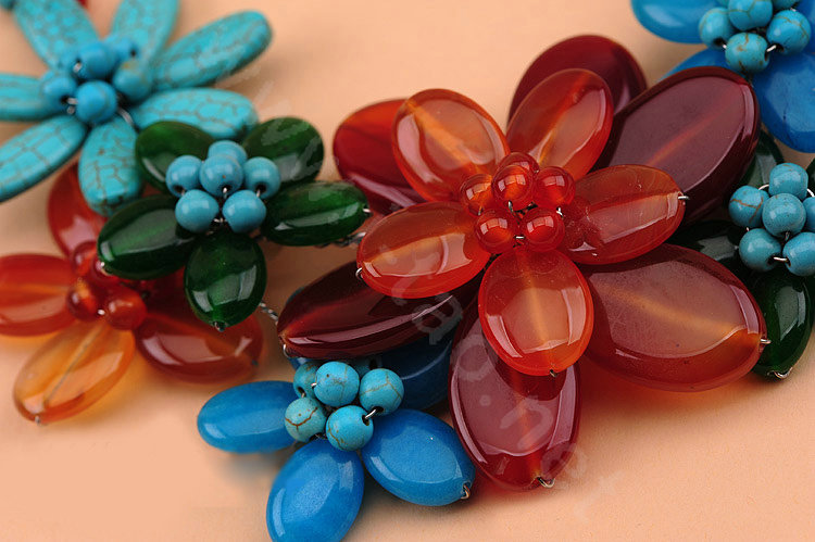 Luxury Exaggeration Women Choker Natural Stone Gem Flower Bib Necklace Jewelry - Red+Blue