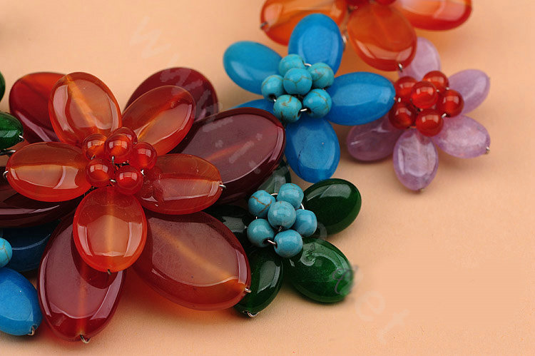 Luxury Exaggeration Women Choker Natural Stone Gem Flower Bib Necklace Jewelry - Red+Blue