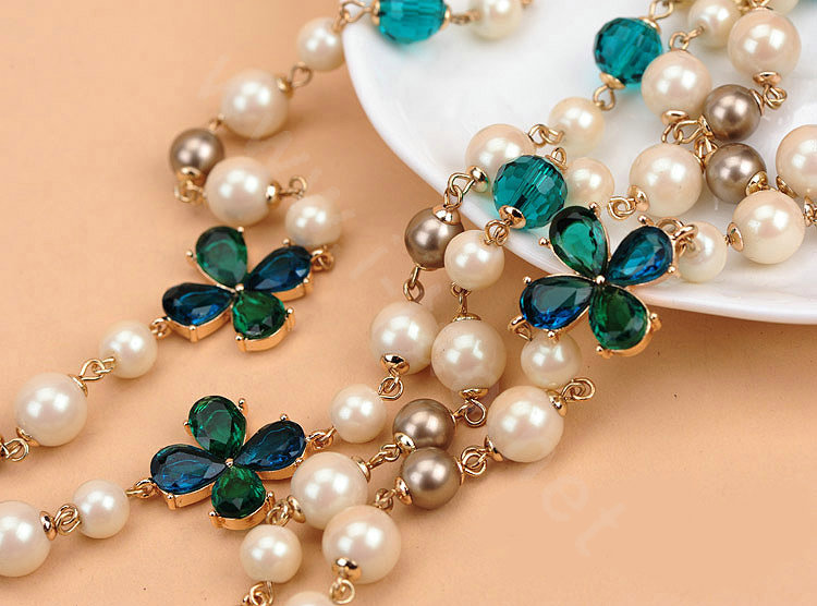 Luxury Fashion Women Choker Sweater chain Natural Pearl Gem Flower Necklace Jewelry - Green
