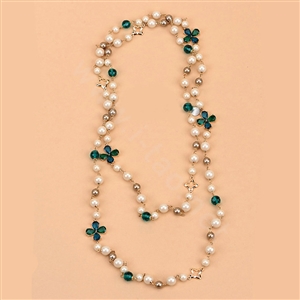 Luxury Fashion Women Choker Sweater chain Natural Pearl Gem Flower Necklace Jewelry - Green
