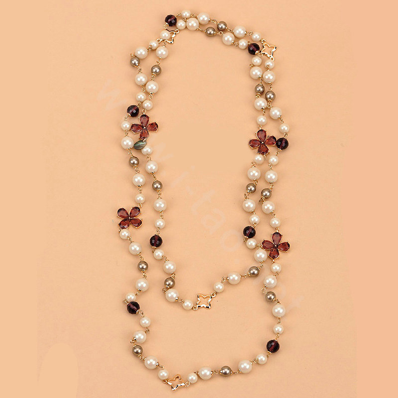 Luxury Fashion Women Choker Sweater chain Natural Pearl Gem Flower Necklace Jewelry - Red