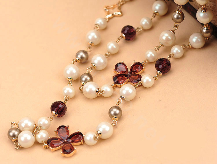 Luxury Fashion Women Choker Sweater chain Natural Pearl Gem Flower Necklace Jewelry - Red