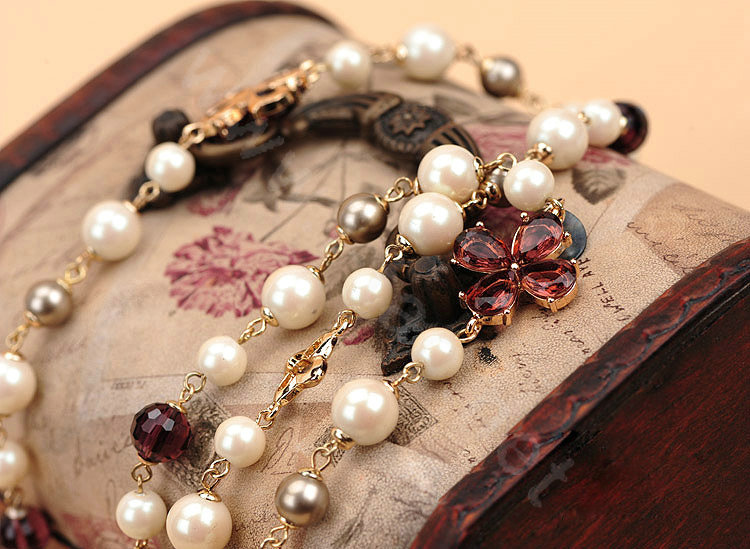 Luxury Fashion Women Choker Sweater chain Natural Pearl Gem Flower Necklace Jewelry - Red