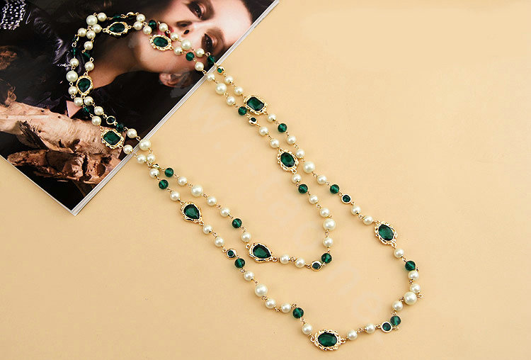 Luxury Fashion Women Choker Sweater chain Natural Pearl Gem Necklace Jewelry - Green