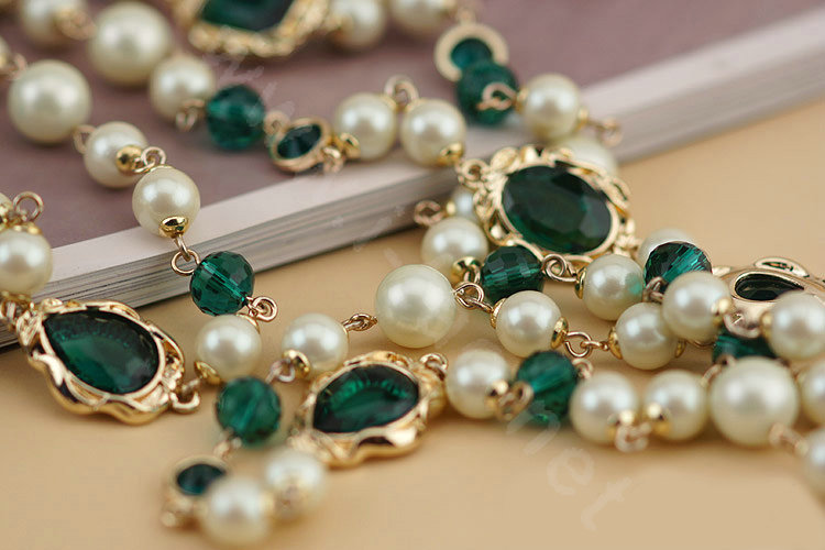 Luxury Fashion Women Choker Sweater chain Natural Pearl Gem Necklace Jewelry - Green