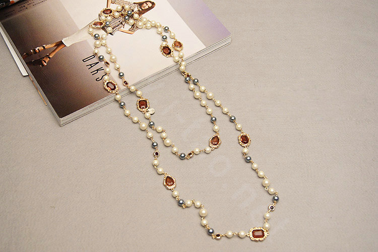 Luxury Fashion Women Choker Sweater chain Natural Pearl Gem Necklace Jewelry - Red
