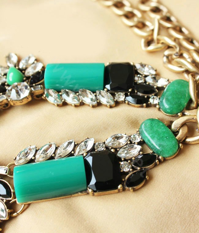 Luxury Fashion Women Exaggeration Choker Crystal Gem Flower Bib Necklace Jewelry - Green