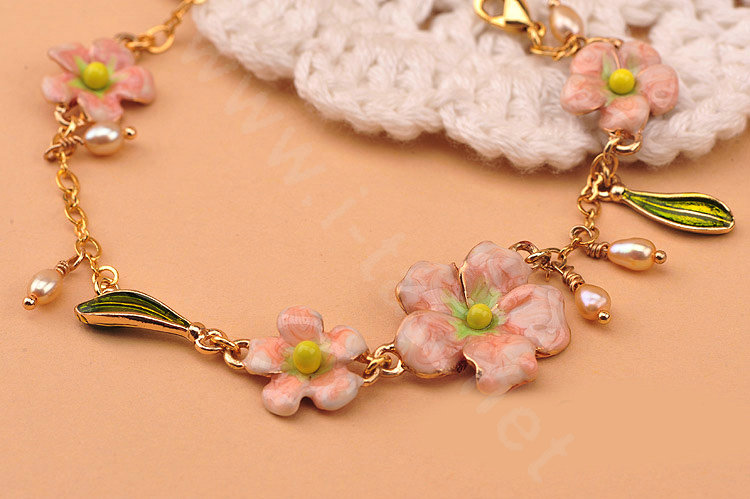 Luxury Fashion Women Romantic Flower Natural Pearl Bracelet Jewelry - Pink