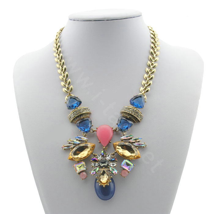 Luxury Multicolor Crystal Gemstone Pendant Choker Statement Bib Necklace Women Jewelry