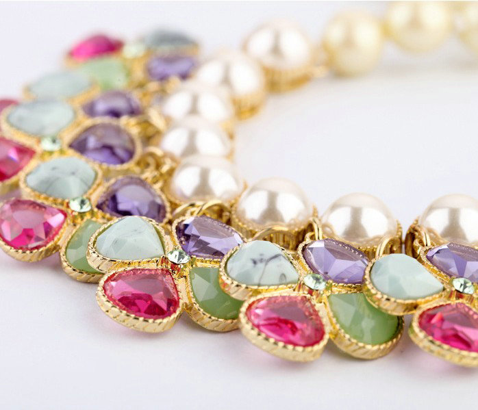 Luxury Multicolor Crystal Pearl Gemstone Flower Pendant Choker Bib Statement Necklace Women Jewelry