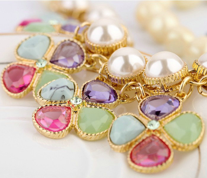 Luxury Multicolor Crystal Pearl Gemstone Flower Pendant Choker Bib Statement Necklace Women Jewelry