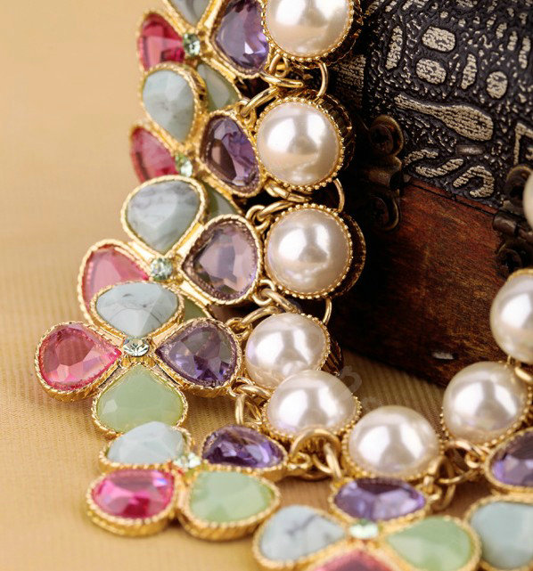 Luxury Multicolor Crystal Pearl Gemstone Flower Pendant Choker Bib Statement Necklace Women Jewelry