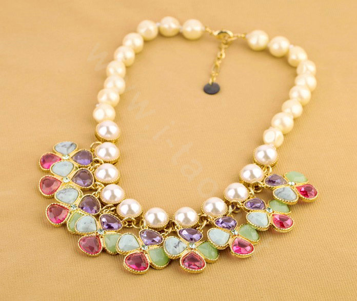 Luxury Multicolor Crystal Pearl Gemstone Flower Pendant Choker Bib Statement Necklace Women Jewelry