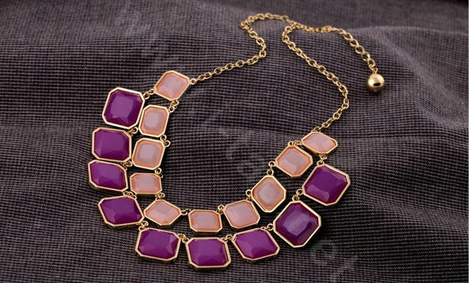 Luxury Multilayer geometry Gemstone Pendant Choker Bib Statement Necklace Women Jewelry - Purple