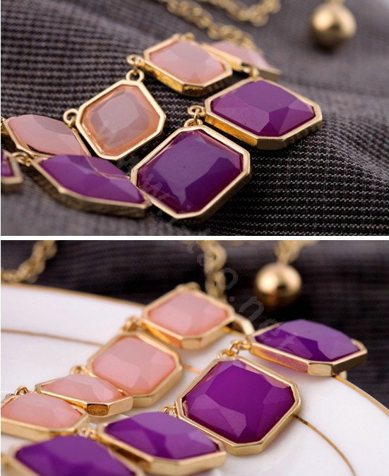 Luxury Multilayer geometry Gemstone Pendant Choker Bib Statement Necklace Women Jewelry - Purple