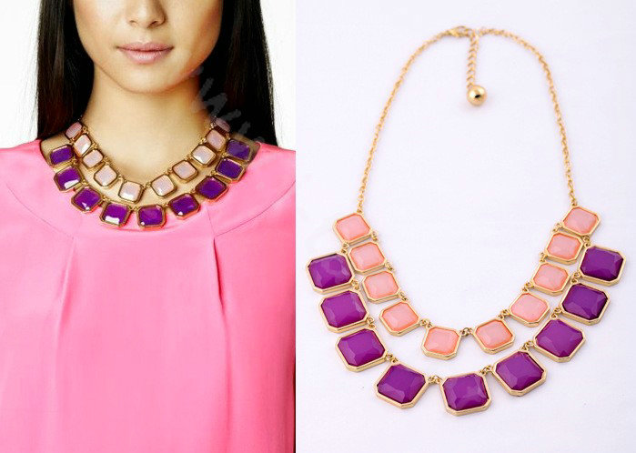 Luxury Multilayer geometry Gemstone Pendant Choker Bib Statement Necklace Women Jewelry - Purple
