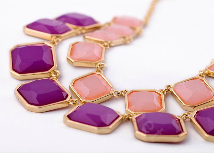 Luxury Multilayer geometry Gemstone Pendant Choker Bib Statement Necklace Women Jewelry - Purple