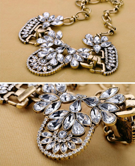 Luxury Retro Alloy Flower Green Crystal Pendant Choker Bib Statement Necklace Women Jewelry