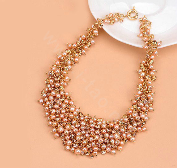 Luxury Women Choker Natural Pearl Crystal Bib Necklace Bride Wedding Jewelry - Pink