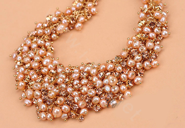 Luxury Women Choker Natural Pearl Crystal Bib Necklace Bride Wedding Jewelry - Pink