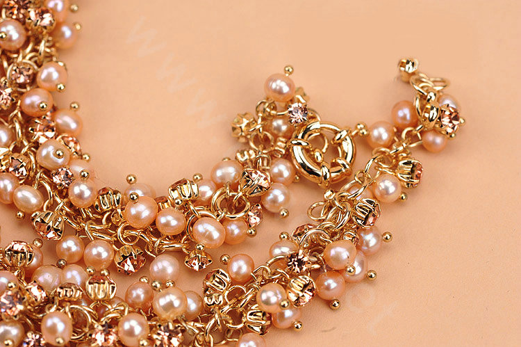 Luxury Women Choker Natural Pearl Crystal Bib Necklace Bride Wedding Jewelry - Pink