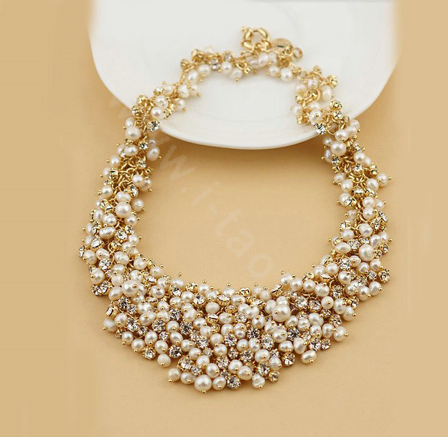 Luxury Women Choker Natural Pearl Crystal Bib Necklace Bride Wedding Jewelry - White