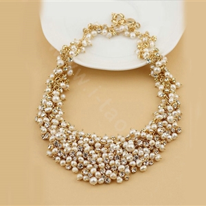 Luxury Women Choker Natural Pearl Crystal Bib Necklace Bride Wedding Jewelry - White
