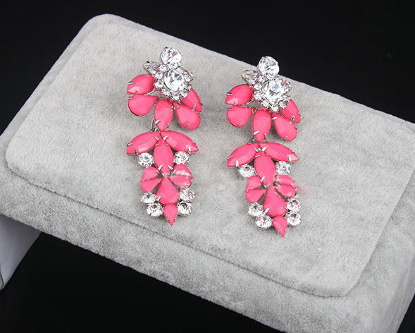 Luxury women diamond crystal gem flower dangler earrings jewelry 14k GP - Rose