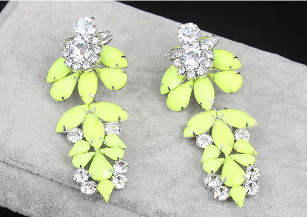 Luxury women diamond crystal gem flower dangler earrings jewelry 14k GP - Yellow