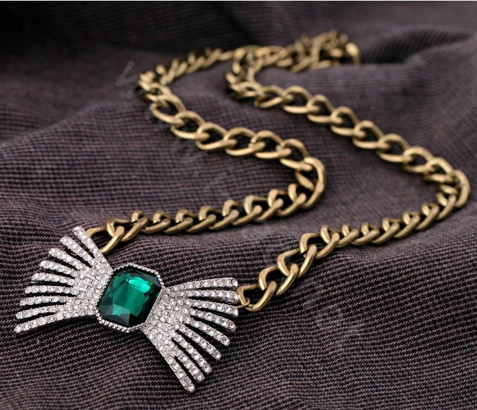 Retro Alloy Bowknot Green Crystal Pendant Choker Bib Statement Necklace Women Jewelry