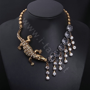 Retro Exaggeration Women Choker Crocodile Crystal Tassel Alloy GP Bib Necklace Jewelry
