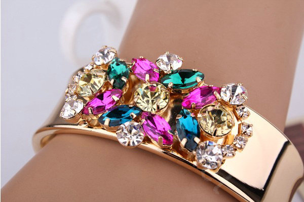 Women Retro Exaggeration Colored Gem Rhinestone Alloy GP Bracelet Jewelry - Gold