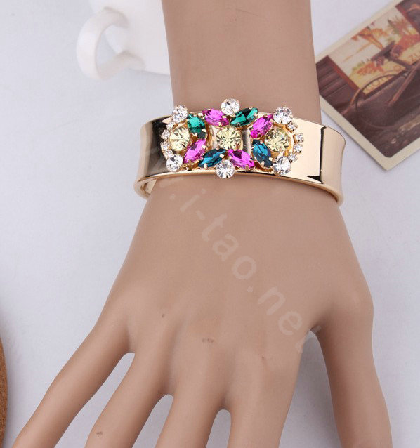 Women Retro Exaggeration Colored Gem Rhinestone Alloy GP Bracelet Jewelry - Gold