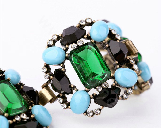 Women Retro Exaggeration Crystal Gem Alloy GP Bracelet Jewelry - Green
