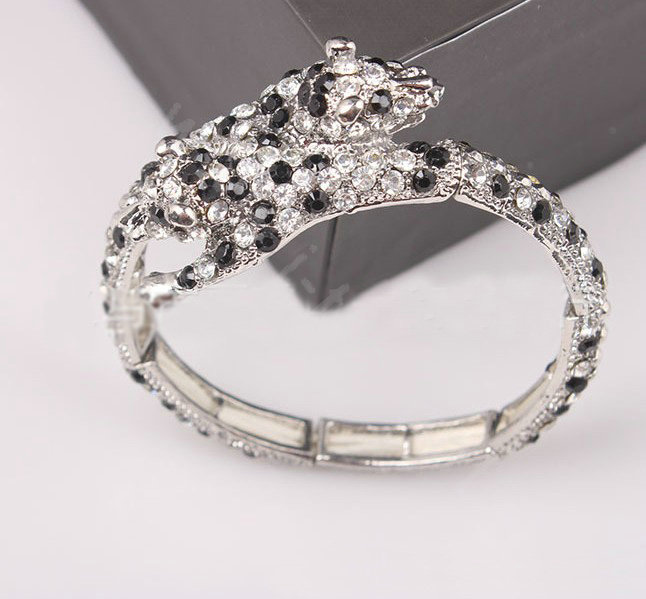 Women Retro Exaggeration Crystal leopard head Alloy GP Bracelet Jewelry - Black