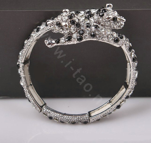 Women Retro Exaggeration Crystal leopard head Alloy GP Bracelet Jewelry - Black