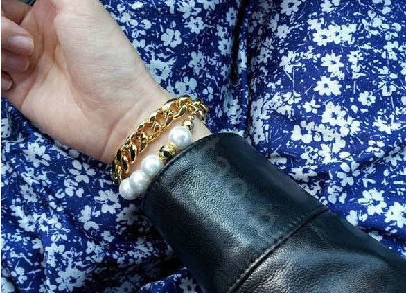 Women Retro Exaggeration Flower Crystal Pearl Chain Bracelet Jewelry - Gold