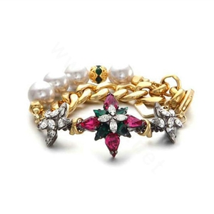 Women Retro Exaggeration Flower Crystal Pearl Chain Bracelet Jewelry - Gold